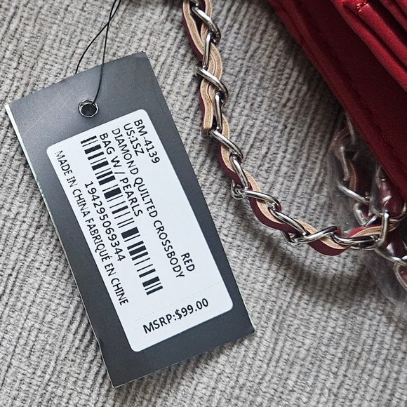 NWT Badgley Mischka Red Quilted Crossbody Bag with Pearl Accents - Picture 7 of 12